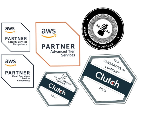 AWS Partner, Clutch, Webby Award badges