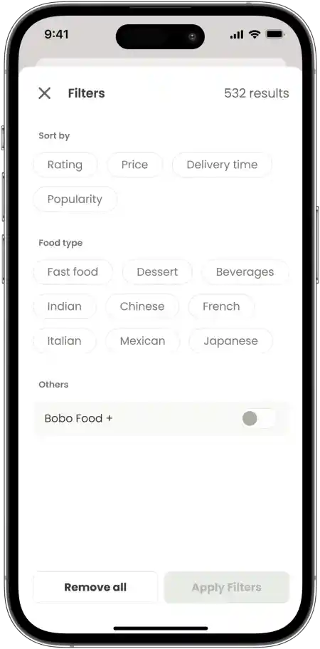 Filters (Price, Ratings, Veg/Non-Veg, Delivery Time)