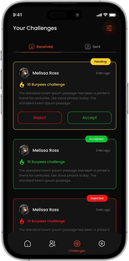 Burpout fitness app challenge inbox screen