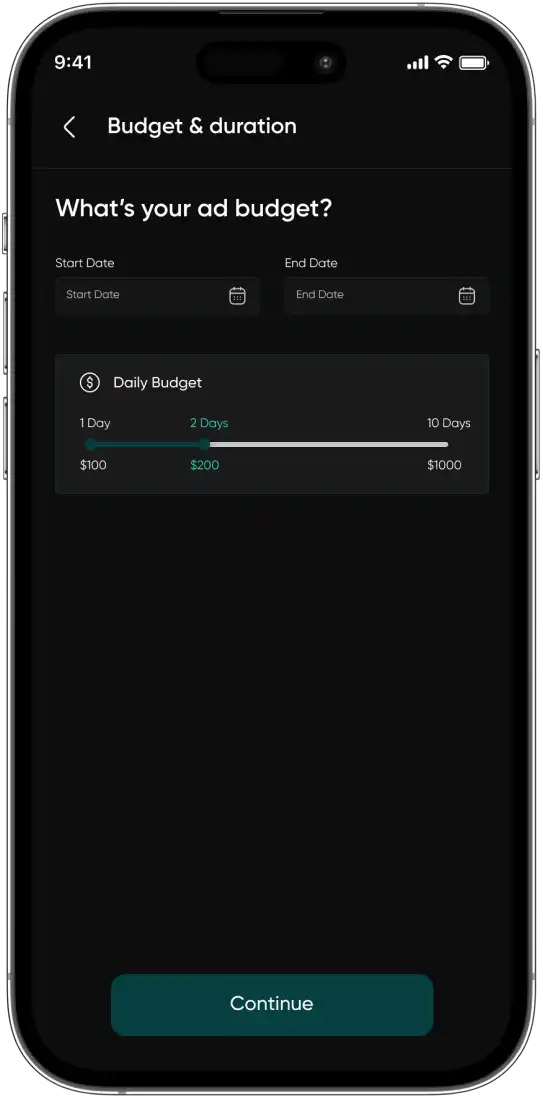 Ad budget and duration screen in Dapke app