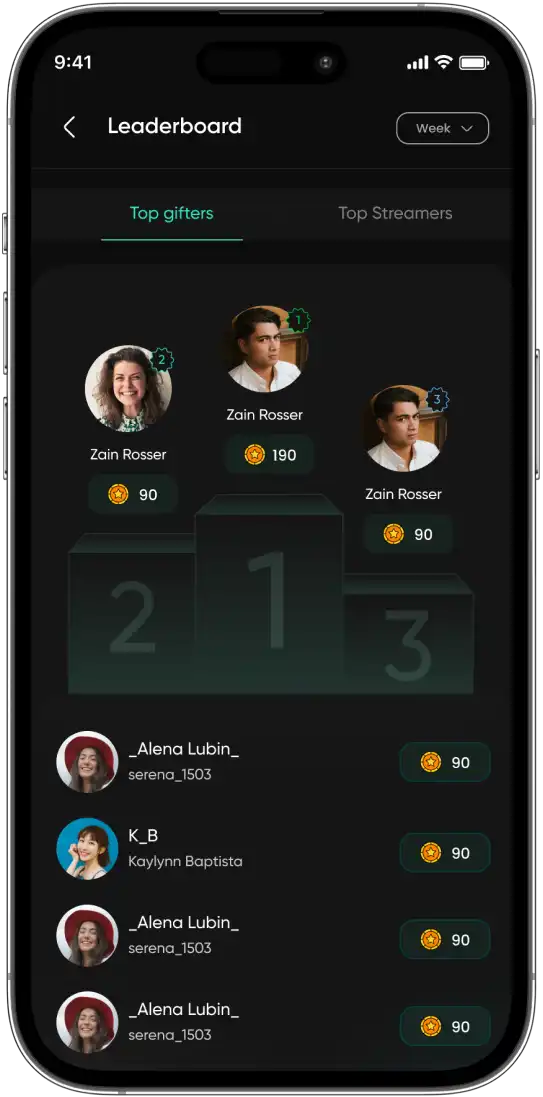 Leaderboard with top gifters and streamers in Dapke app