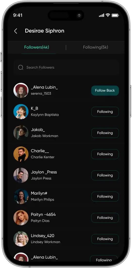 Followers and following list screen in Dapke app