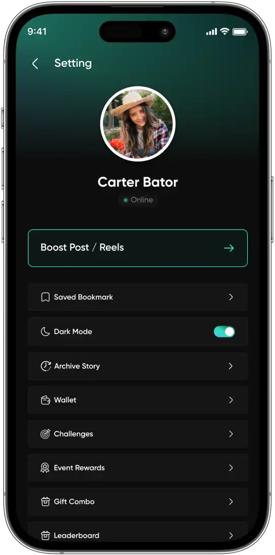 Settings and profile menu screen in Dapke app