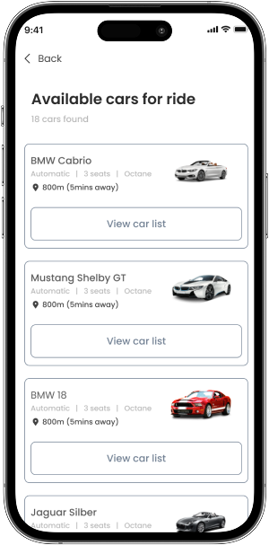 Taxi app available cars screen